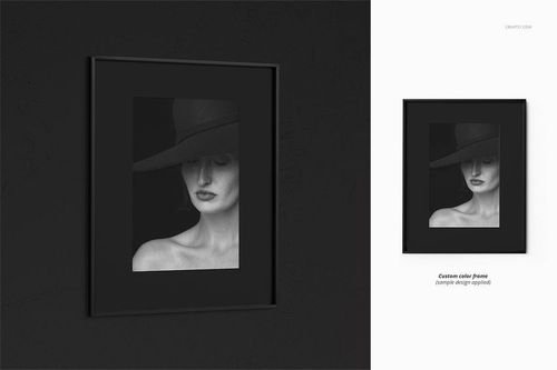 Thin black frame mockup featuring a monochrome portrait on a dark wall, shown from a front angle with matte border.