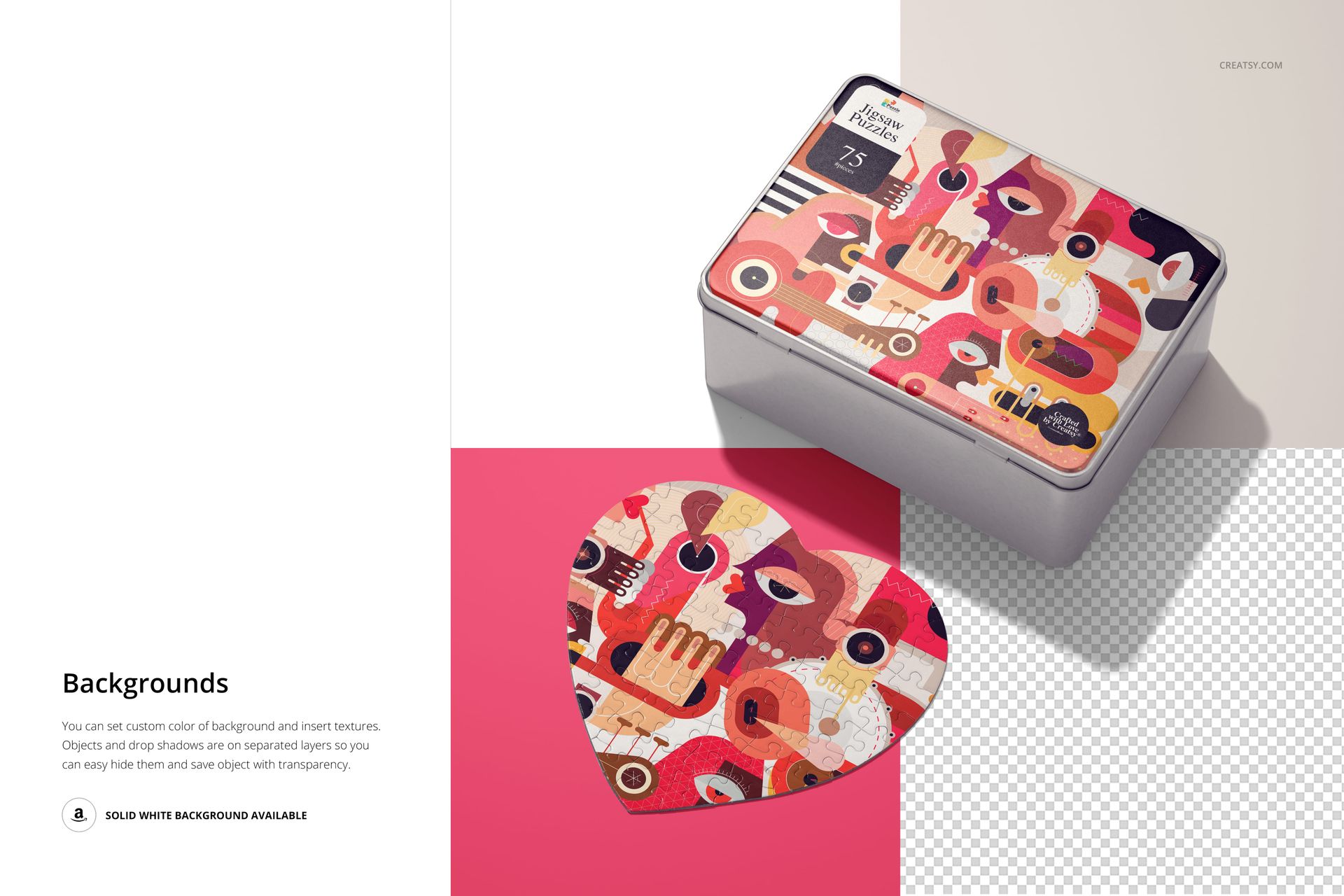 PSD mockup of a heart-shaped puzzle and horizontal box with bold multicolor artwork, viewed from a top-down perspective.