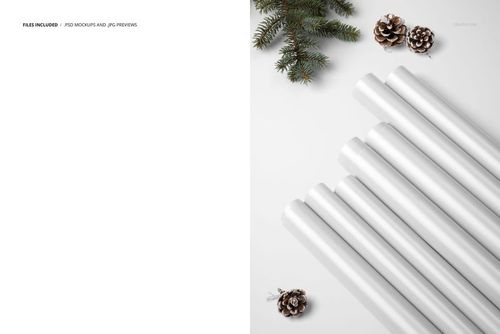 Christmas-themed PSD mockup showing multiple white gift wrap rolls with festive pine cones and spruce branch accents.