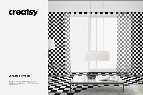 PSD mockup showing long curtains with a black and white checkered pattern, paired with a minimalist table and lamp.