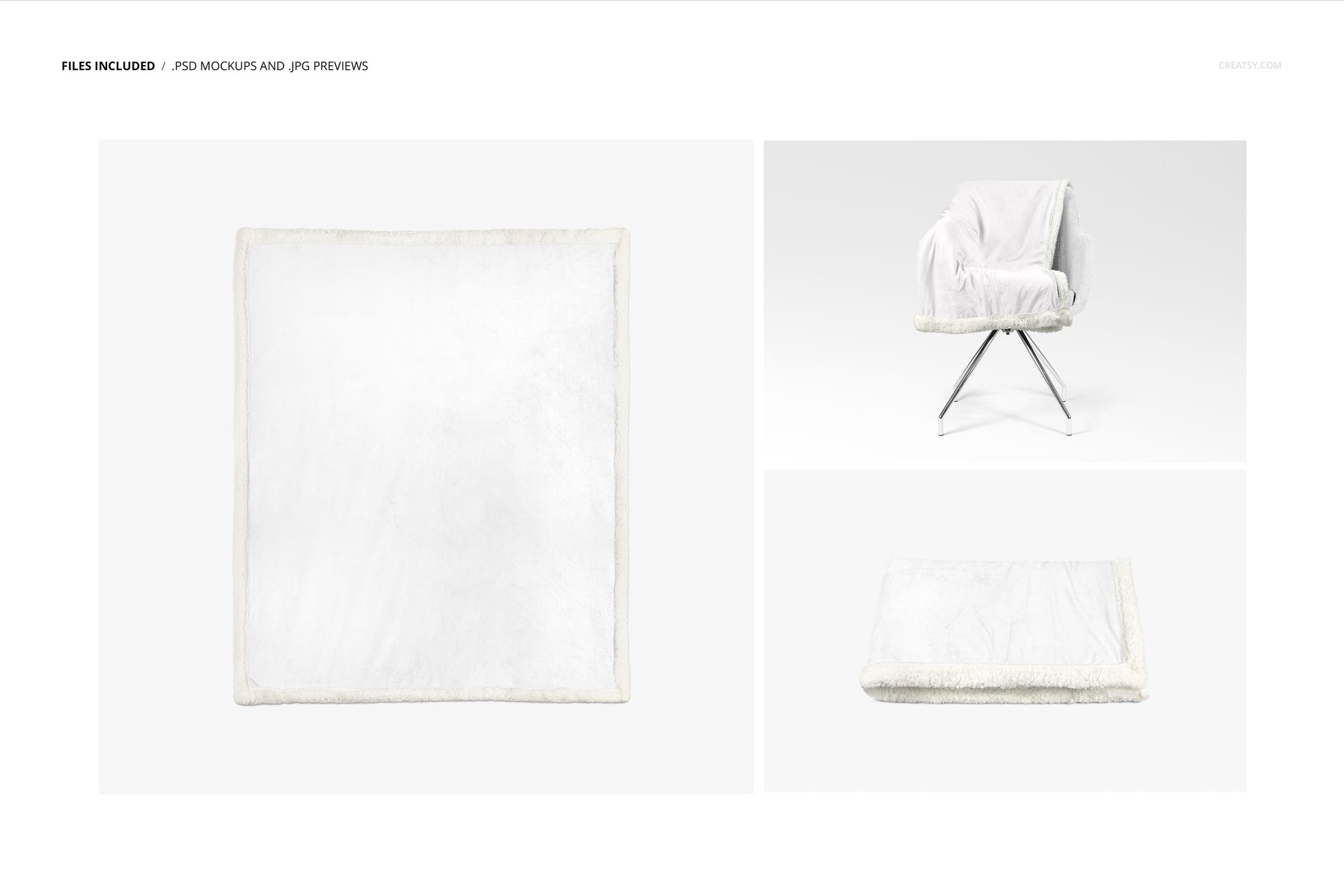 Sherpa blanket mockup set featuring a soft white blanket shown flat, draped over a chair, and folded on a light background.