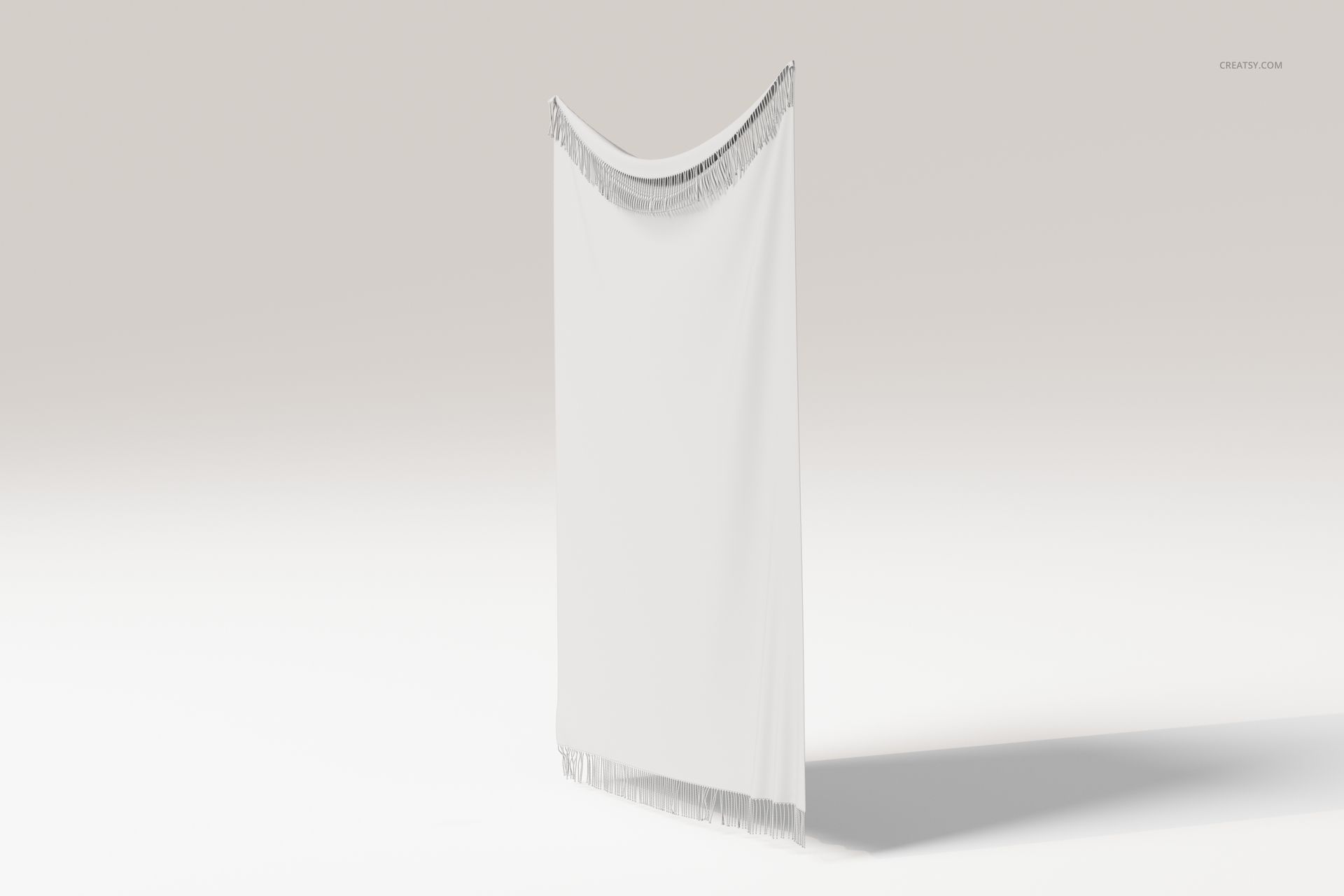 Fringed tapestry blanket in white displayed upright, featuring a subtle fringe detail along the top and bottom edges.