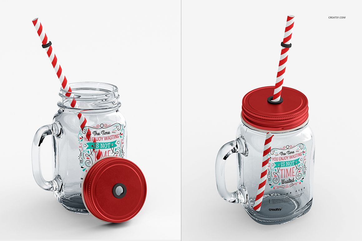 Mason jar mockup featuring transparent glass, decorative print, red screw lid, and red-and-white striped straw.