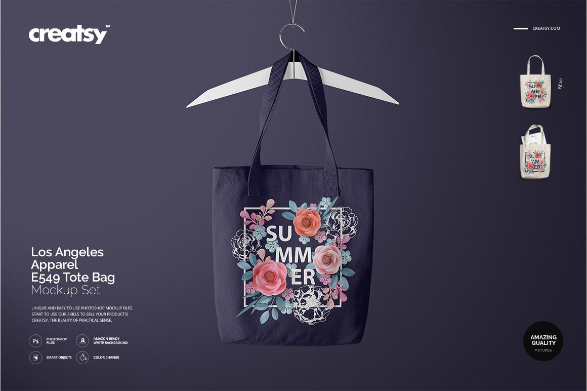 Front view of a polyester tote bag mockup with dark fabric, featuring a floral and text design on a plain background.