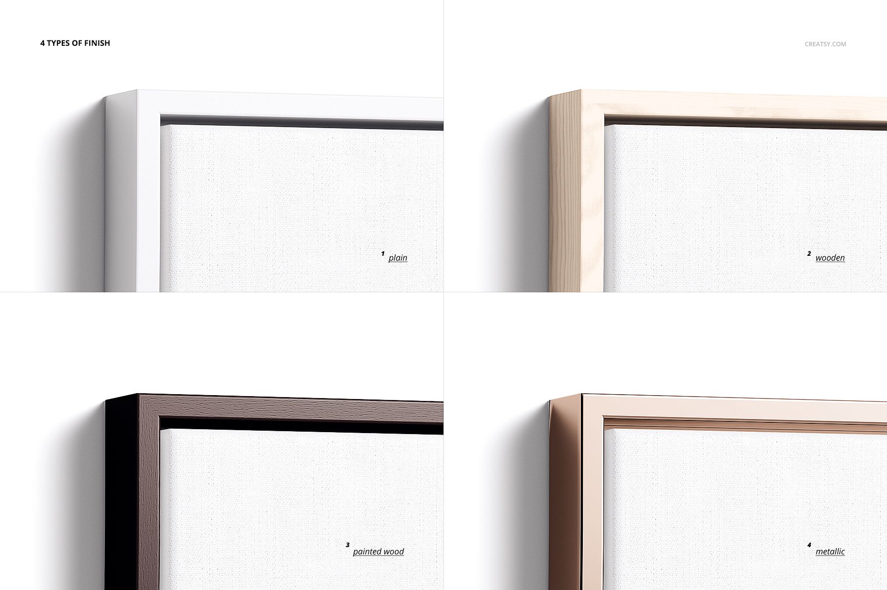 PSD mockup displaying four types of floater frames for canvas prints, including plain, wooden, painted wood, and metallic finishes.