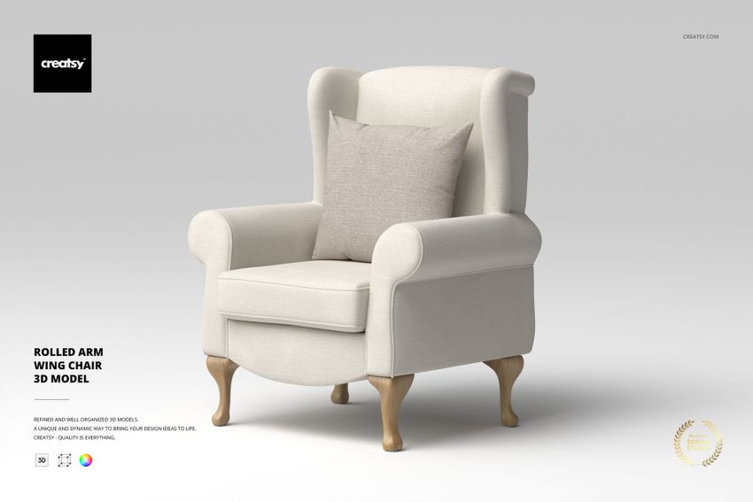 Rolled Arm Wing Chair 3D Model - mockup screenshot 1