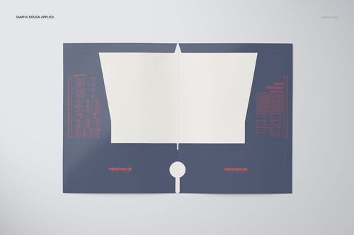 Two-pocket folder mockup displayed open on a light background, featuring dark blue exterior and white interior panels.