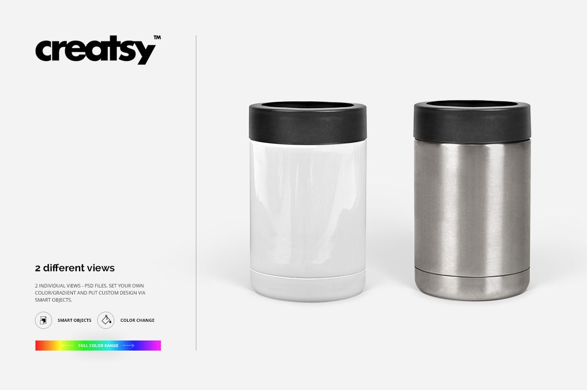 Front view of two colster drinkware mockups, one with a white powder coated finish and one with a steel finish, both with black lids.
