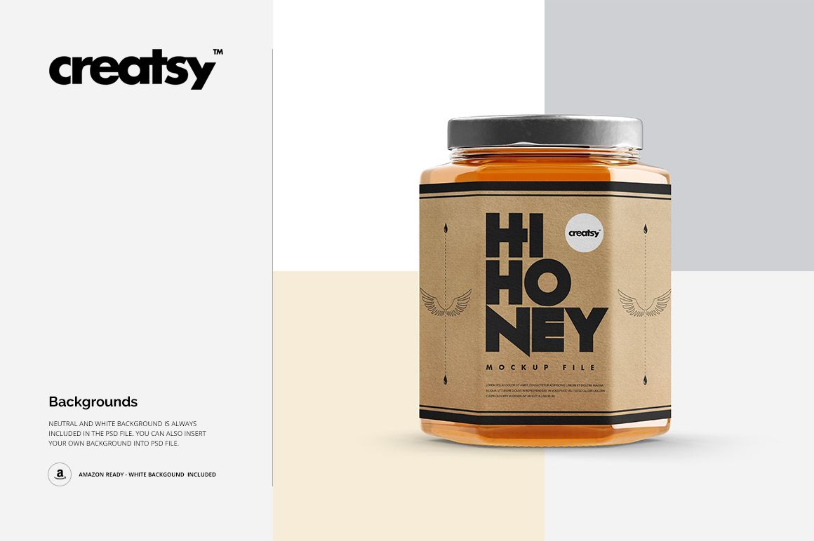 Front view of a honey jar mockup with a minimalist brown paper label, black lettering, and a metallic lid.
