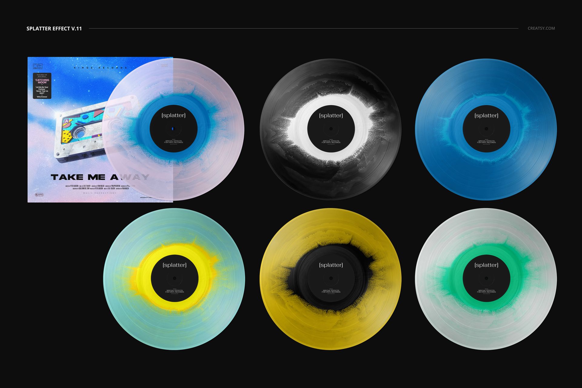 Front view of six colored vinyl records with unique splatter patterns and a cover mockup on a dark backdrop.