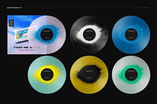 Front view of six colored vinyl records with unique splatter patterns and a cover mockup on a dark backdrop.