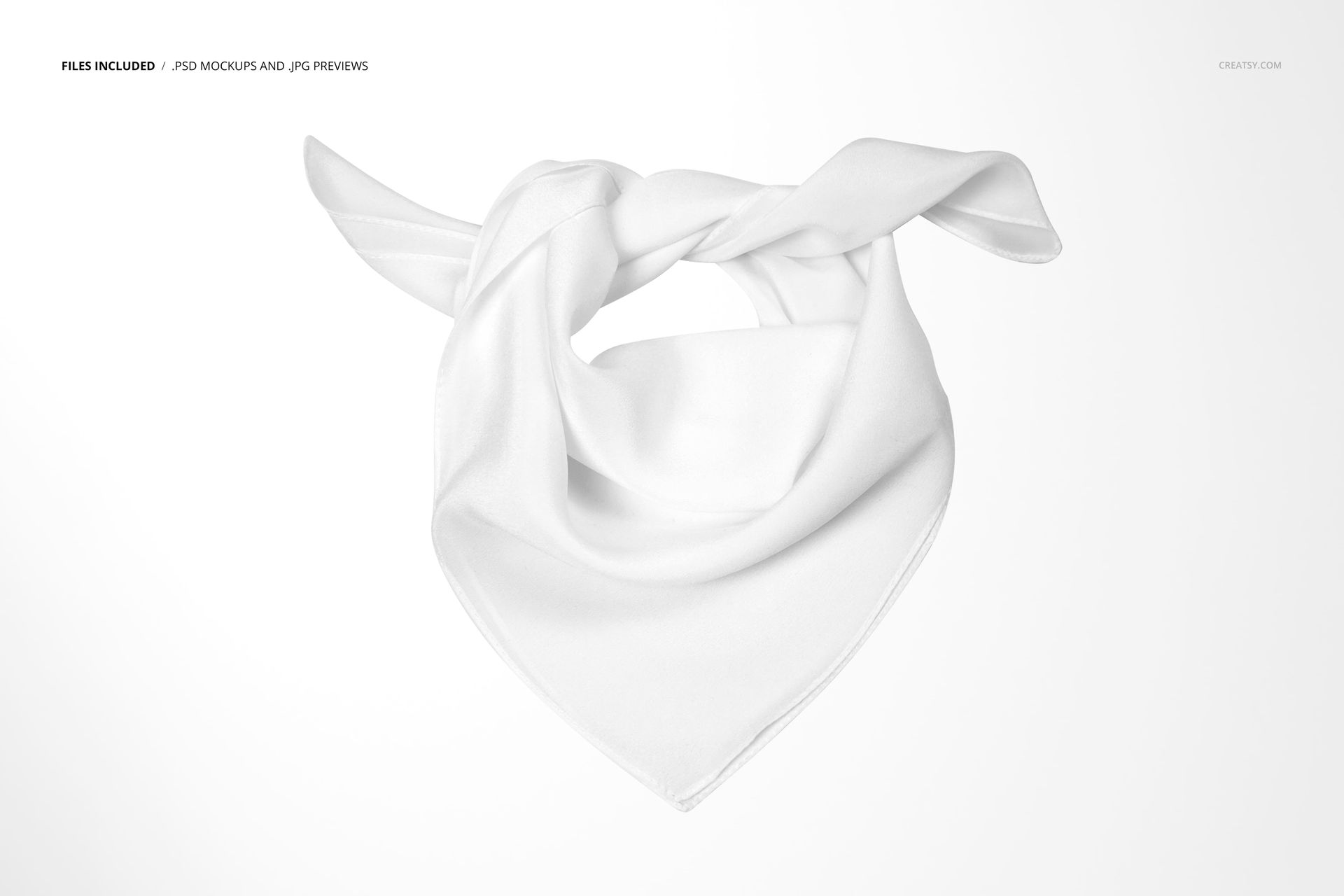 Folded silk scarf mockup in a bandana style, featuring a smooth white fabric and a minimalist setting.