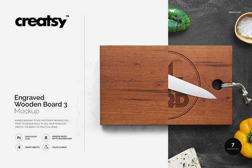Top view of a wooden board mockup featuring an engraved pattern and a kitchen knife, set on a white background.