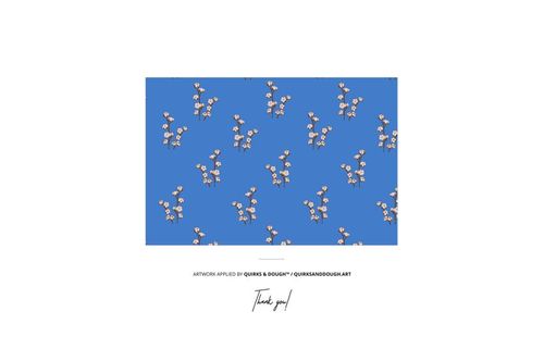 Seamless floral pattern with small pink flowers and green stems on a solid blue background, front view mockup.