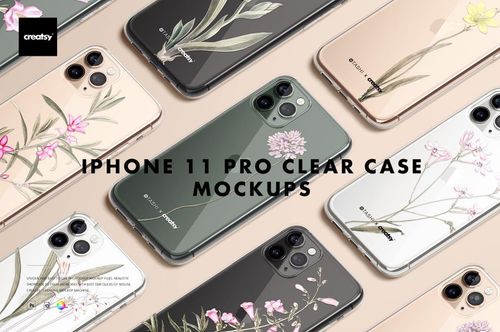 PSD mockup set showing iPhone 11 Pro models with clear cases and various plant illustrations, viewed from above.