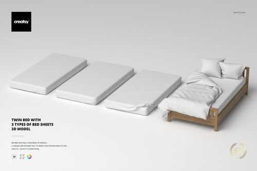 Twin Bed with 3 Types of Bed Sheets 3D Model - mockup preview 1