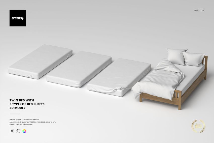 Twin Bed with 3 Types of Bed Sheets 3D Model - mockup screenshot 1