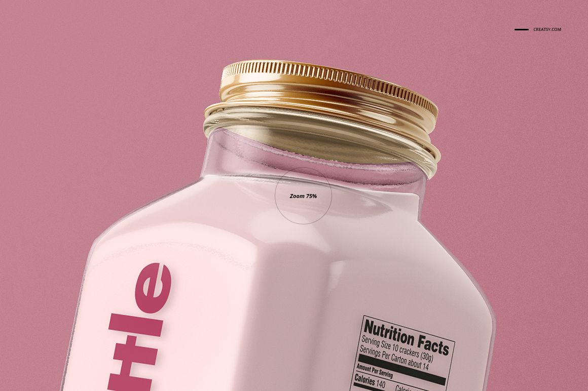 Glass bottle PSD mockup featuring a gold screw cap, pink contents, and visible nutrition facts label on a pink backdrop.