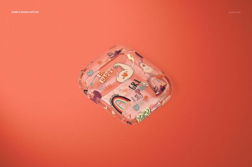 AirPods clear case mockup featuring playful illustrations and text, displayed on a vibrant orange backdrop.