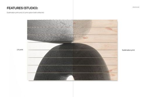 Wall art mockup showing abstract black and gray shapes printed on horizontal wood planks, split by finish type.