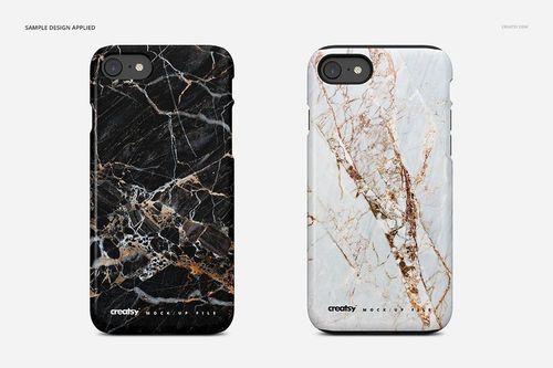 iPhone 7 case mockup showing tough and snap styles, featuring black and white marble designs on a neutral background.