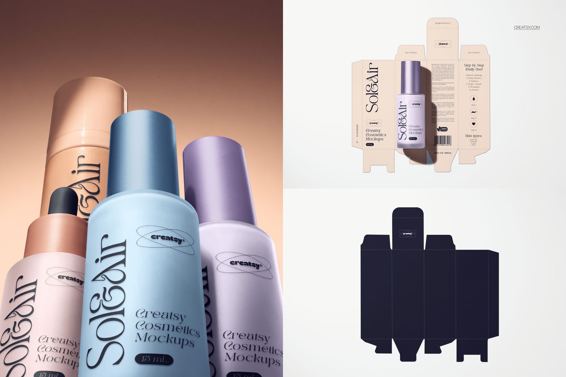 PSD mockup showing pastel colored cosmetics bottles with branded labels and packaging templates in a split layout.