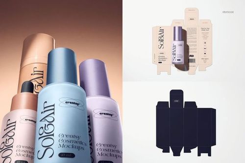 PSD mockup showing pastel colored cosmetics bottles with branded labels and packaging templates in a split layout.