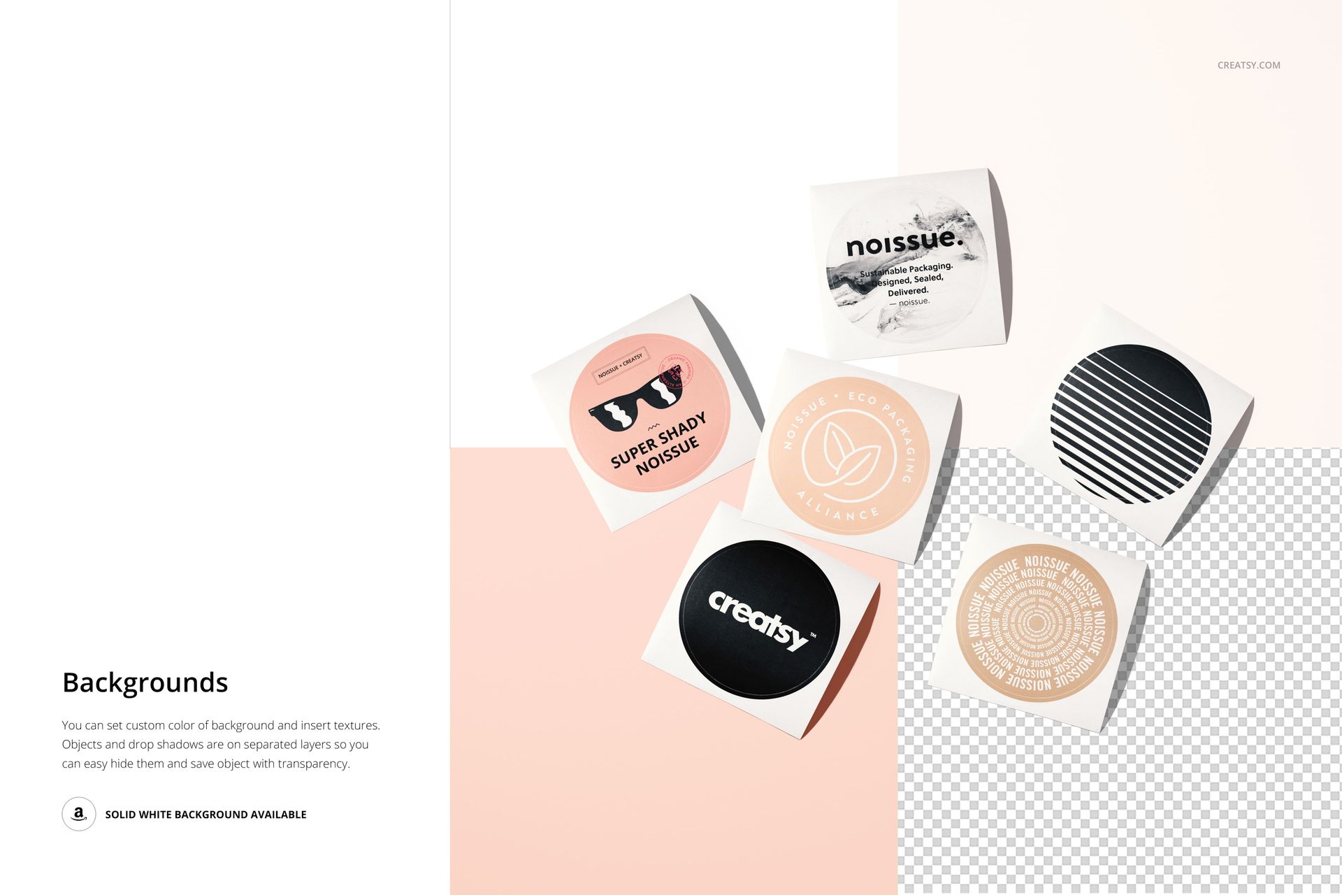 Group of round stickers mockup displayed from above, featuring different patterns on a white and pastel backdrop.