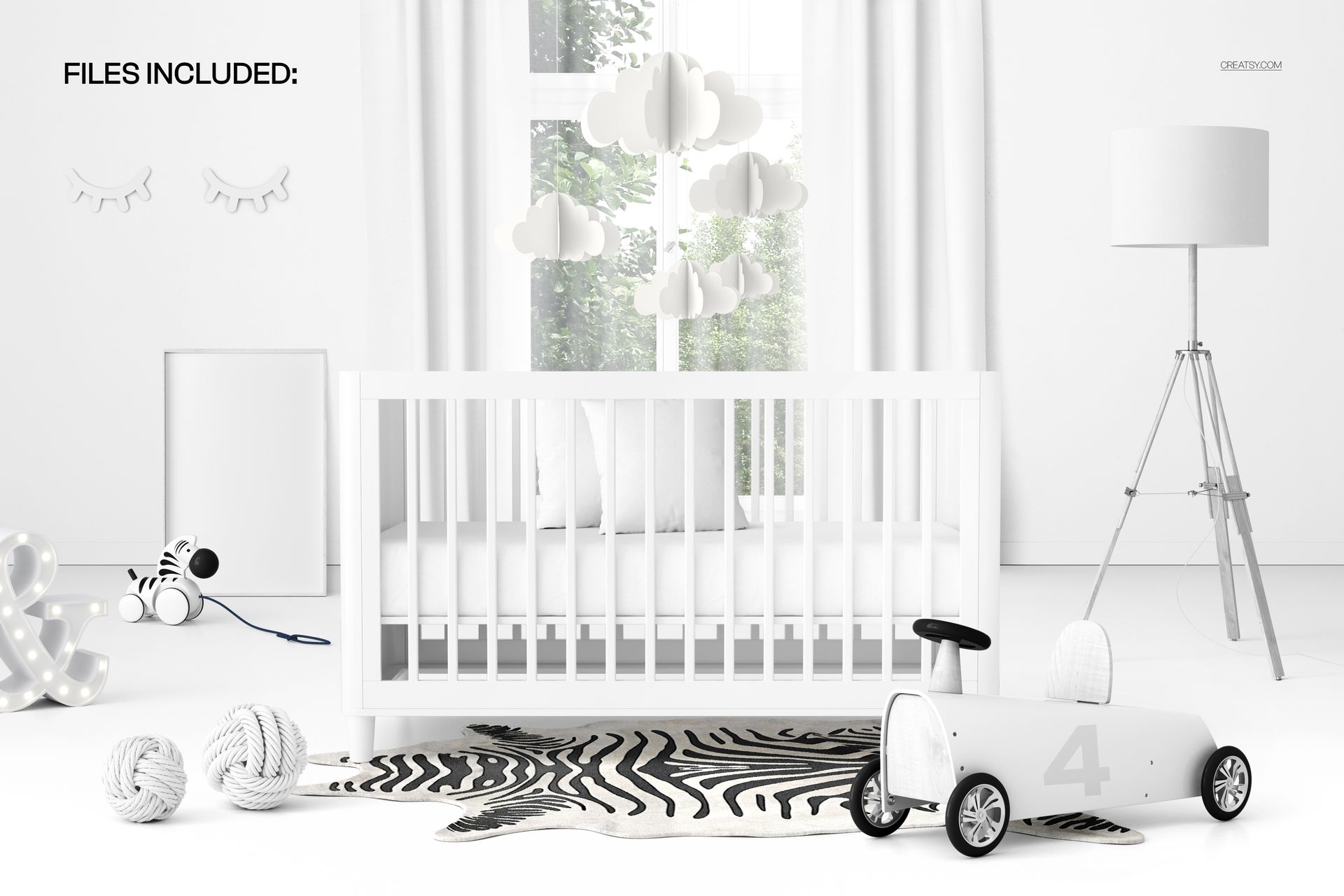 PSD mockup showing a white crib in a bright nursery, surrounded by playful decor, zebra rug, and plush toys.
