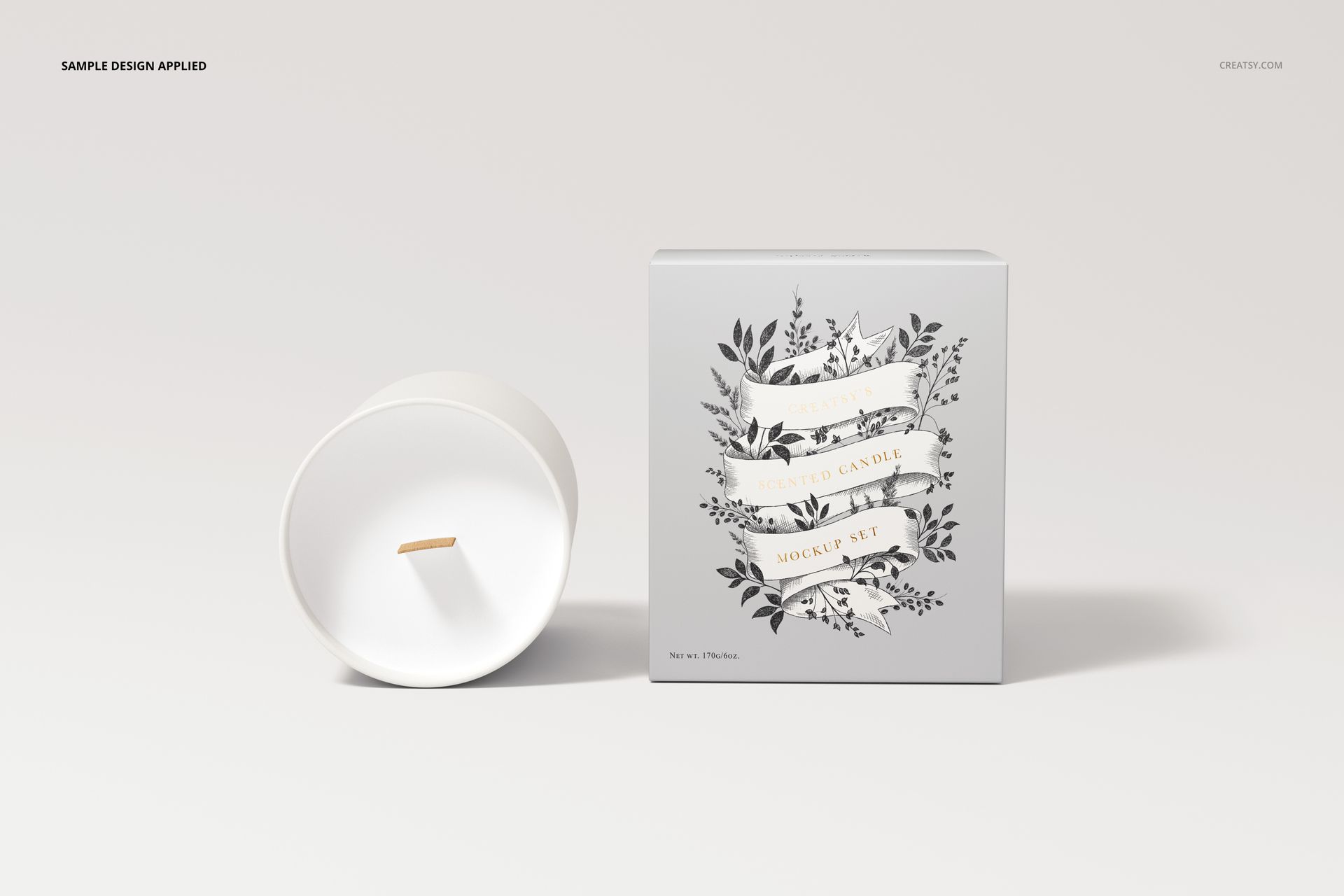 Wooden wick candle mockup and matching floral box set on a neutral surface, highlighting packaging and product design.