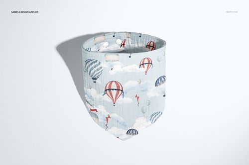 Baby muslin bandana mockup featuring a sky-themed design with clouds and colorful balloons, shown from the front.