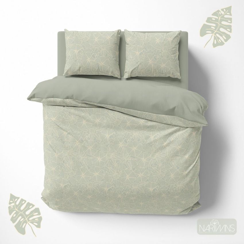 Double bed bedding mockup featuring a duvet and two pillows with a subtle geometric pattern in light green tones, viewed from above.