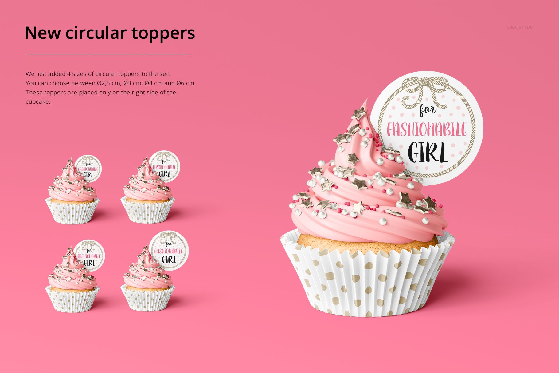 Cupcake with pink frosting, silver star sprinkles, and a circular topper on a pink background, party supplies mockup.