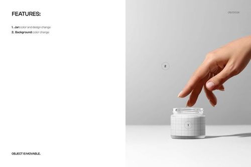 Open glass cosmetic jar mockup with a hand reaching towards it, shown on a light background in front view.