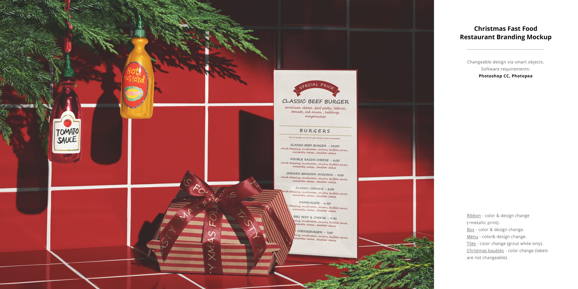 Christmas-themed mockup with a wrapped present, burger menu, and condiments displayed against red tiles.