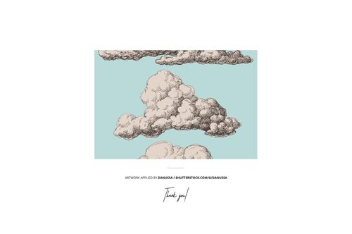 Front view of a cotton wick candle and matching box mockup, both featuring a vintage cloud illustration on a blue background.