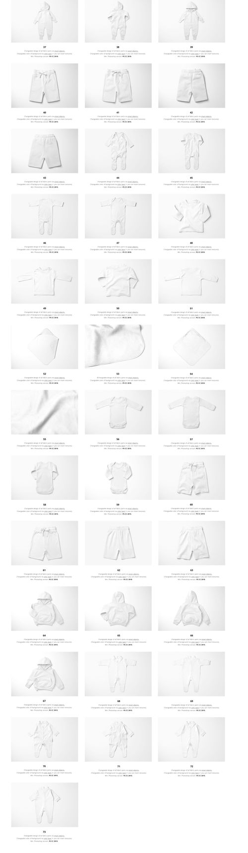 Collection of kids clothing and accessories mockups in white, including shirts, pants, hats, and blankets, front view.