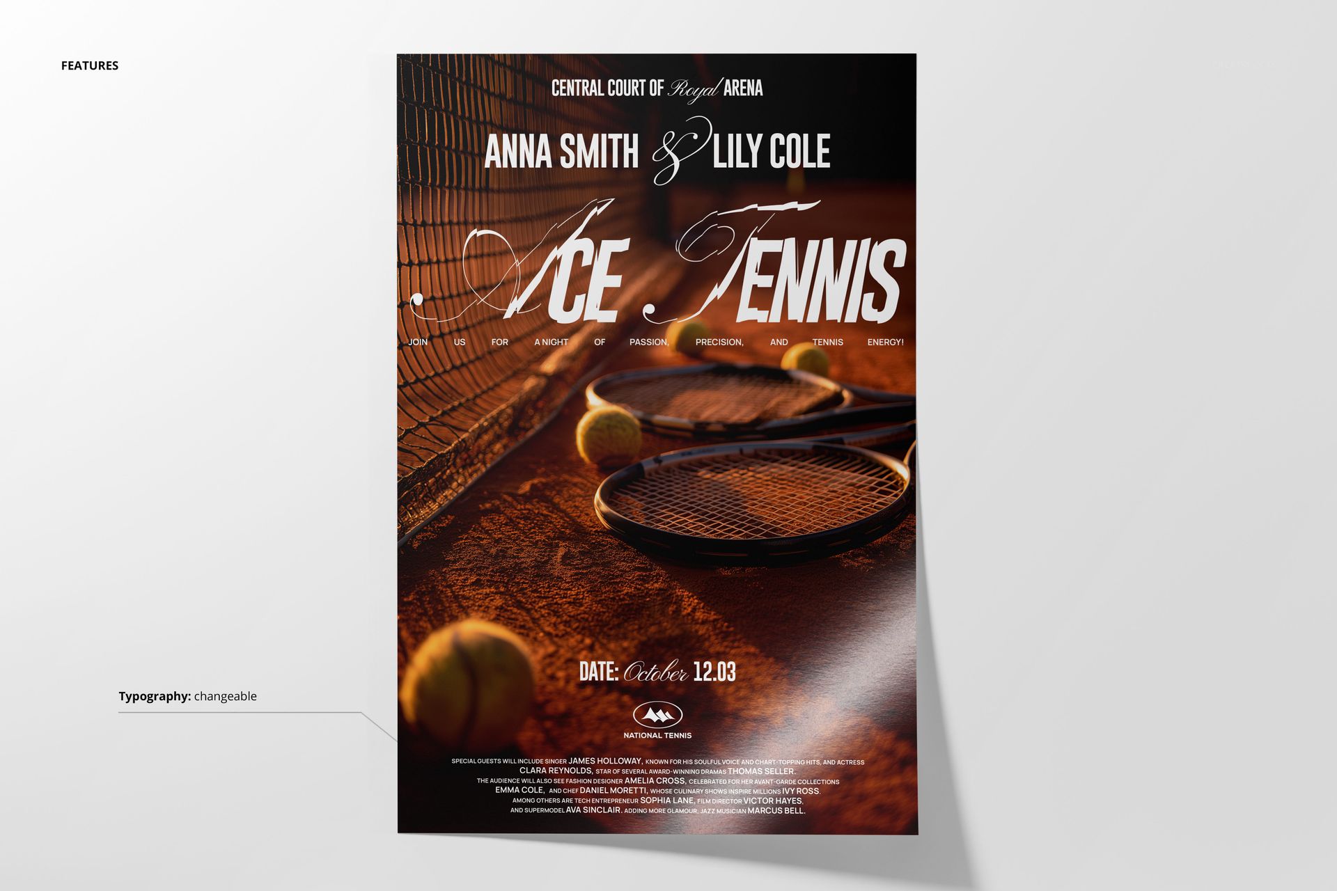 Twilight Tennis Mood PSD mockup poster showing tennis rackets and balls on a clay court with dramatic lighting.