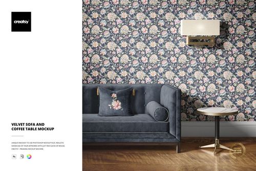 Velvet sofa and coffee table mockup featuring a dark sofa, floral cushion, and round table in a stylish room.
