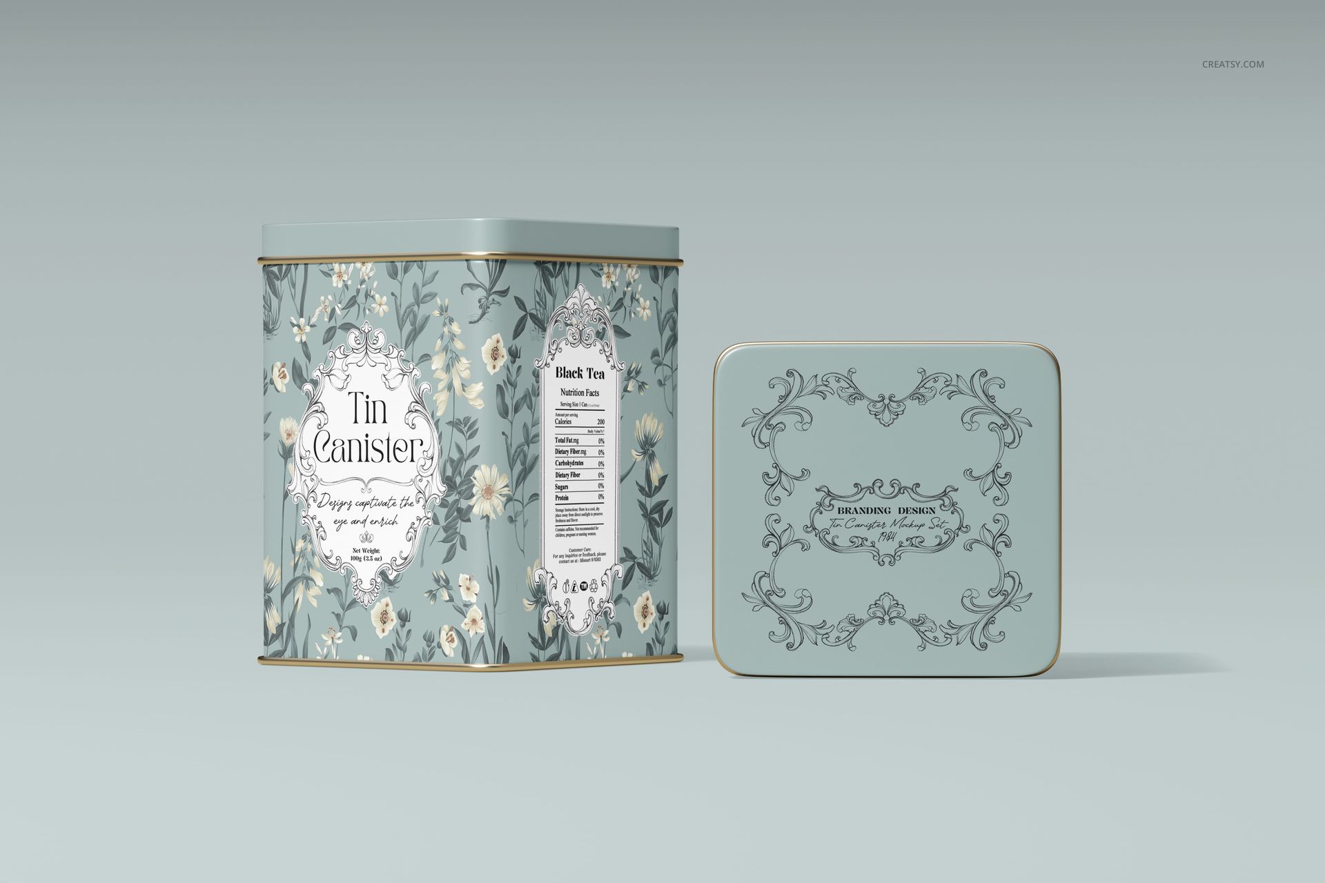 Tin canister mockup featuring a decorative floral design, displayed with both front and top views on a neutral surface.