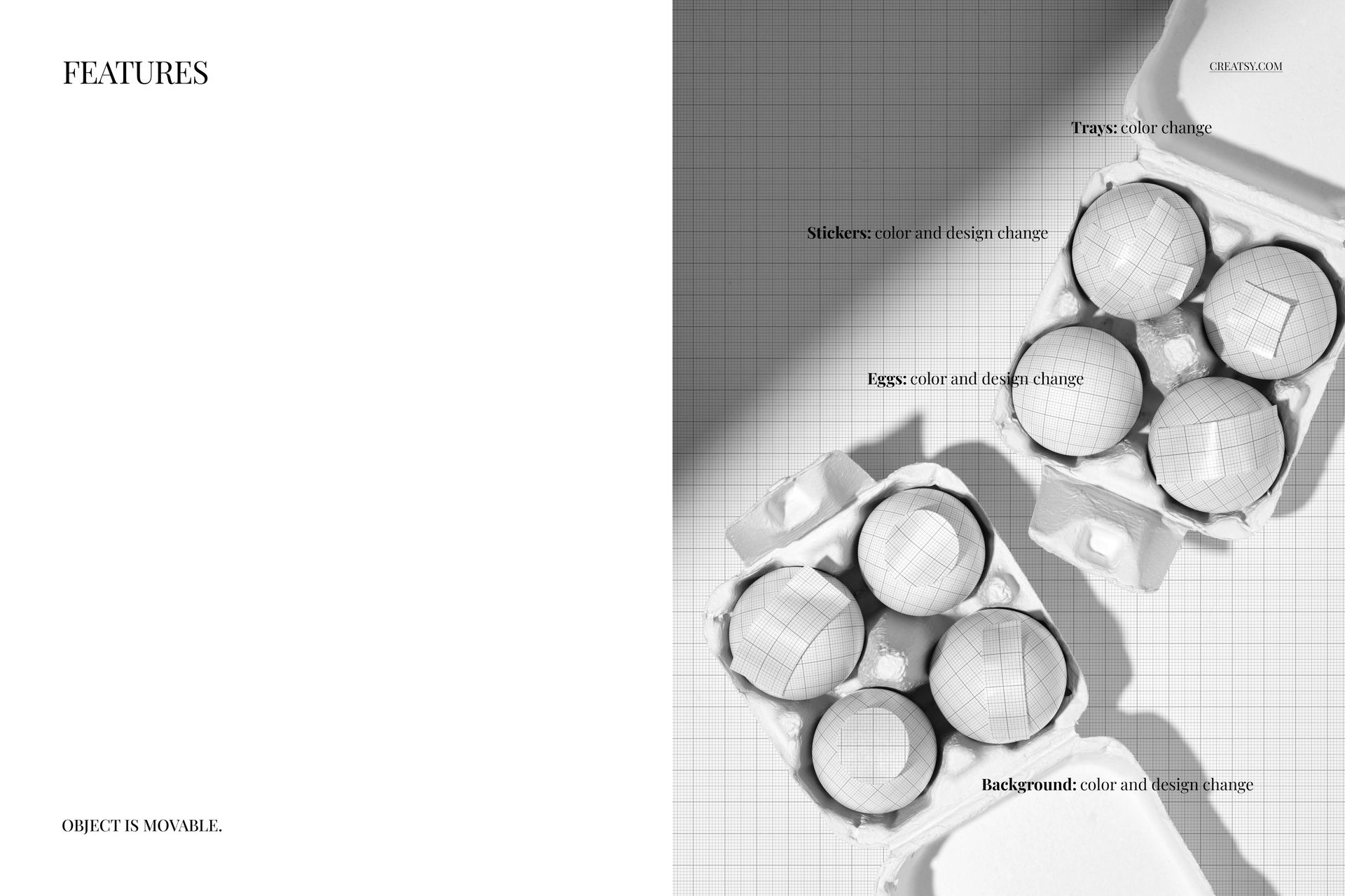 PSD mockup showing two open cartons filled with patterned Easter eggs, viewed from above on a light grid surface.