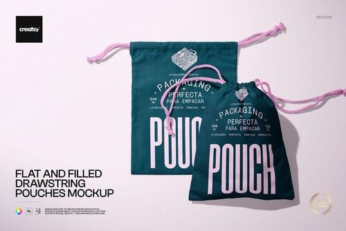 PSD mockup showing flat and filled teal drawstring pouches, pink strings, and white printed graphics on a light surface.