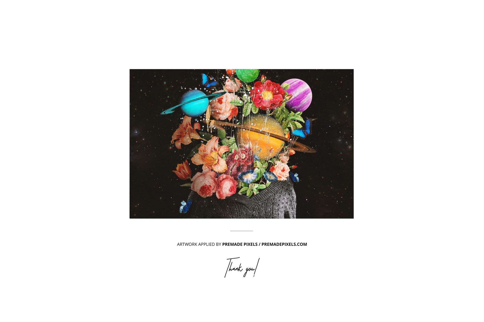 Front view of a vinyl record and cover mockup featuring a colorful cosmic collage with planets and flowers on a dark background.
