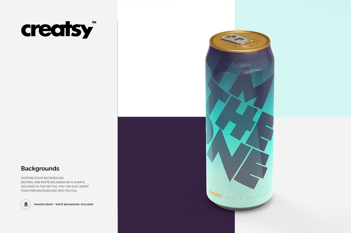 Tall drink can mockup with a gold lid, blue gradient body, and large stylized letters, set against four color blocks.