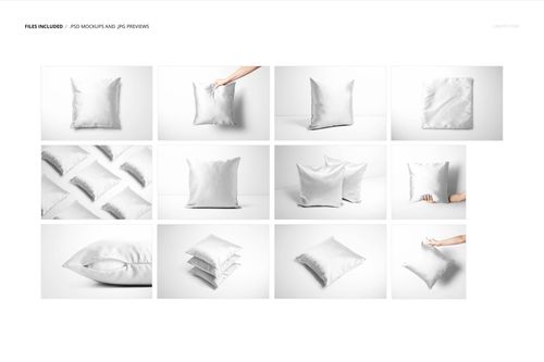 Polyester cushion cover PSD mockup set featuring different perspectives, including hand-held and stacked cushions.