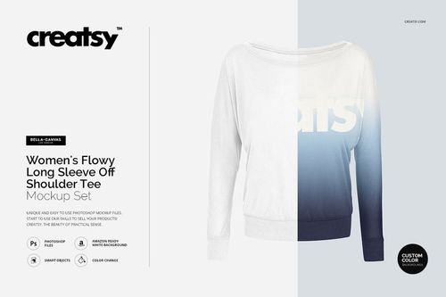 Front view of a women's off shoulder long sleeve shirt mockup in blue and white gradient, displayed on a light backdrop.