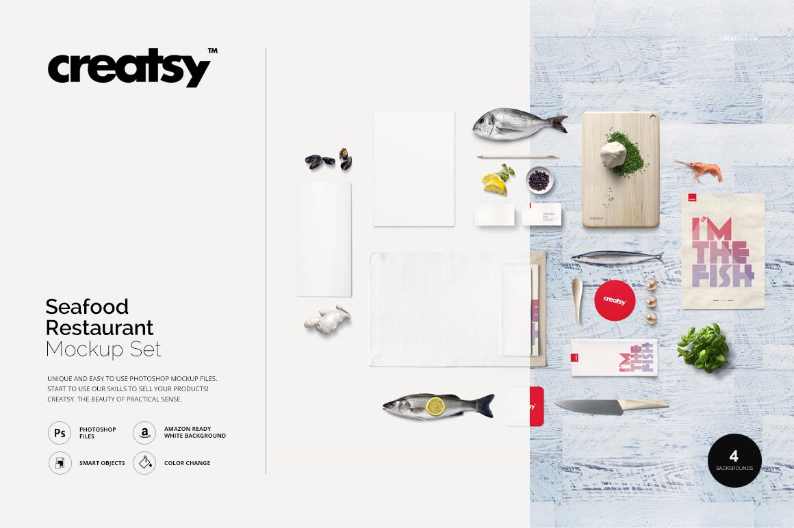 Seafood restaurant mockup set with fish, kitchen utensils, cutting board, menu, and food props on a light wooden surface.