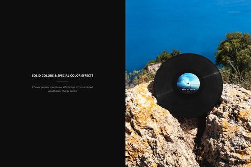 Black vinyl record mockup set on rugged rocks by the sea, with vibrant blue water and clear sky in the background.