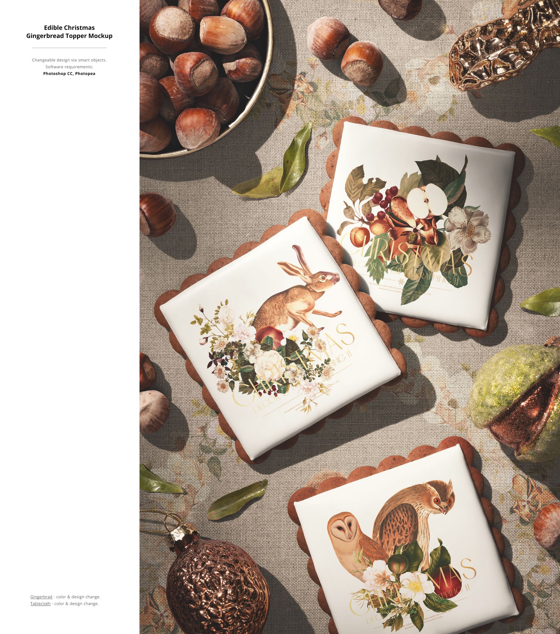 Square cookies with white icing and holiday artwork, arranged with nuts on a textured tablecloth, PSD mockup scene.