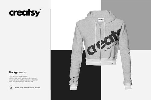 Gray crop hoodie mockup with front zipper and pocket, displayed on a neutral background with color blocks.